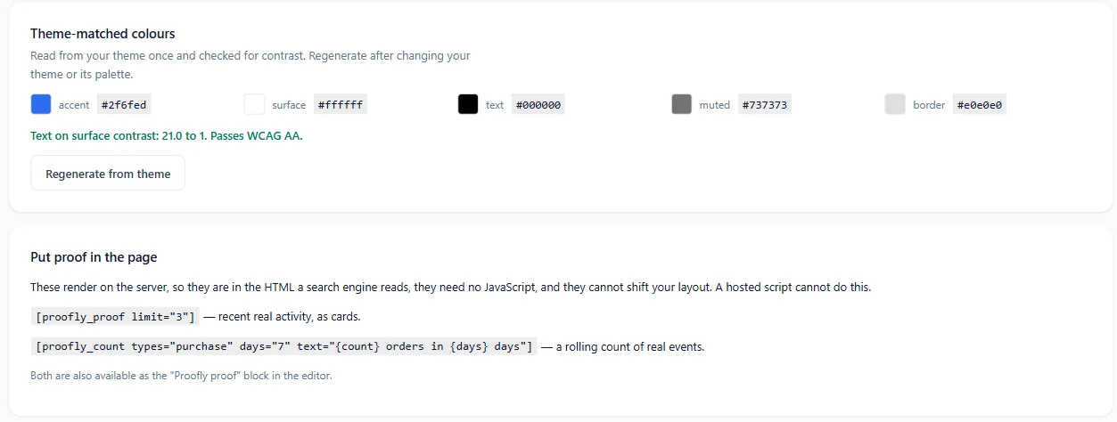 Proofly theme-matched colours with WCAG contrast check and proof shortcodes