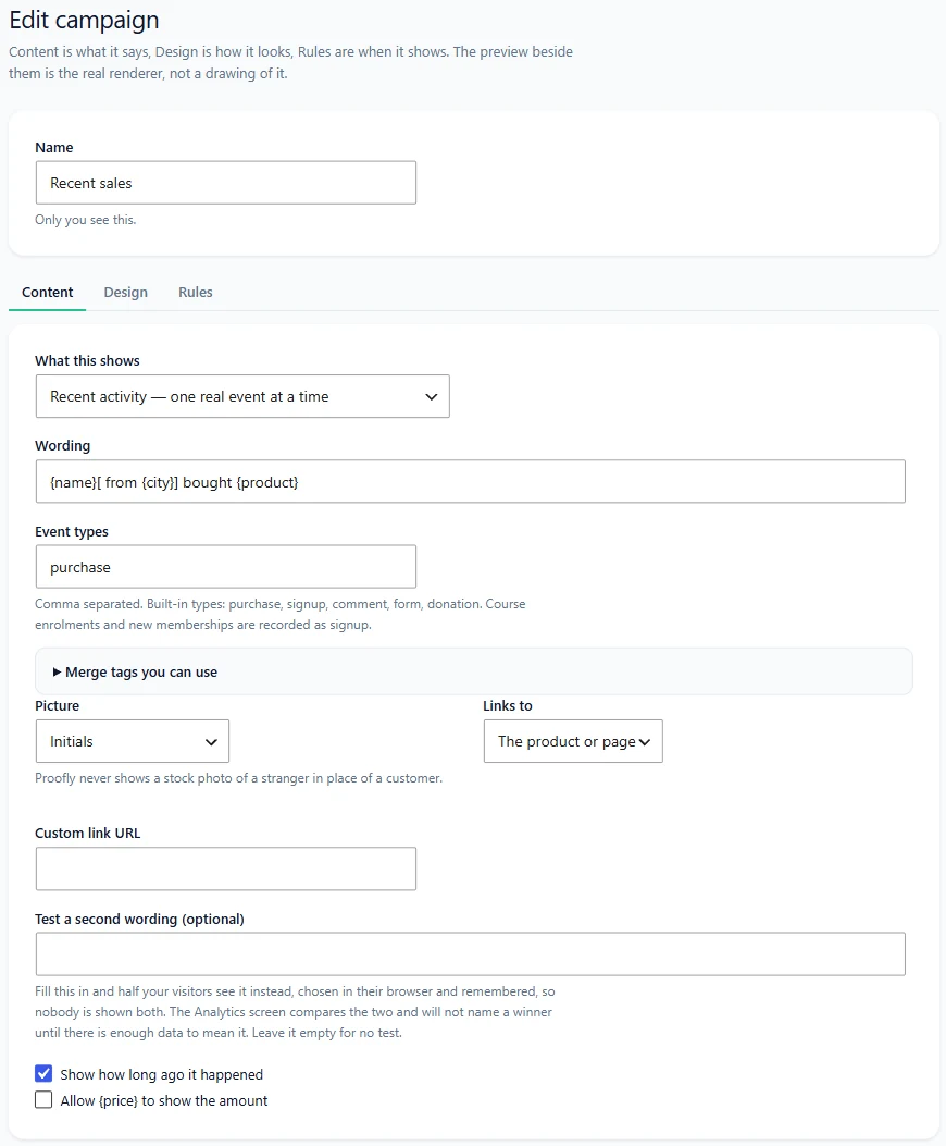 Proofly campaign editor with content, design and rules tabs