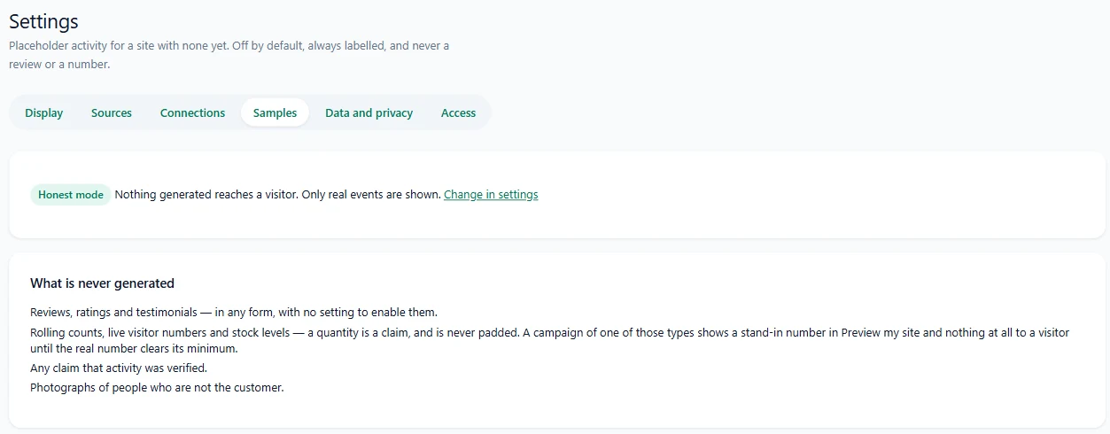 Proofly honest mode: what sample activity never generates