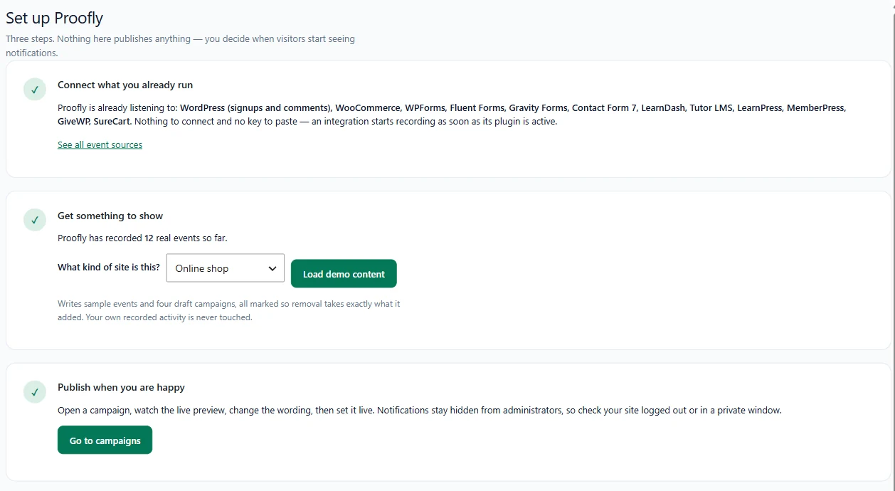Proofly setup wizard listing the plugins it is already listening to